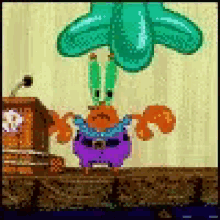 a cartoon character is standing next to a podium with a balloon hanging from the ceiling .