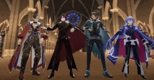 a group of four anime characters are standing next to each other in a room .