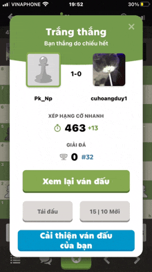 a screenshot of a chess game on a phone with the time 19:52 on it