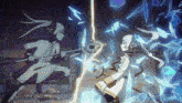 two anime characters are standing next to each other and one is holding a sword and the other is holding a shield