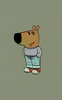 a cartoon bear wearing a grey sweater and blue jeans