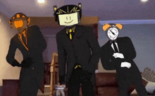 three cartoon characters are standing next to each other in a living room .