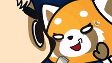 a cartoon drawing of a red panda with a microphone in its mouth
