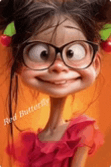 a cartoon girl with glasses and cherries in her hair .