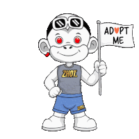 a cartoon character holding a flag that says adopt me on it