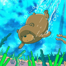 a cartoon drawing of a teddy bear swimming in the ocean