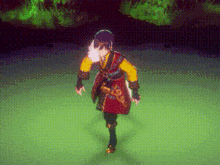 a person in a red and yellow costume is walking on a green field