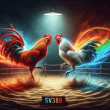 two roosters are fighting in a ring with a sv388 sign in the sand