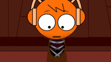 a cartoon character wearing headphones and a scarf looks angry