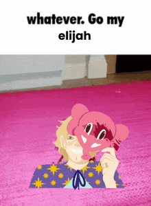 a cartoon drawing of a girl with a pig mask on her face and the words " whatever go my elijah "