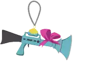 a cartoon drawing of a gun with a pink bow and smoke coming out of it