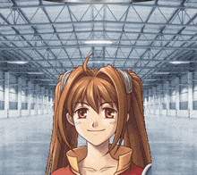 a girl with brown hair and red eyes is smiling in front of a large building