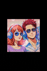 a man and a woman wearing headphones and sunglasses are standing next to each other
