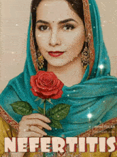 a painting of a woman holding a red rose with the word nefertitis below it