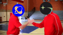 a man in a red jacket is shaking hands with another man in a blue jacket with a lightning bolt on it
