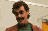 a man with a mustache and curly hair is wearing a pink jacket and a green turtleneck .