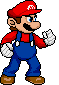a pixel art drawing of mario wearing overalls and a hat .