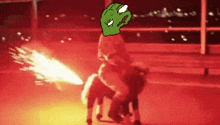 a pixelated image of a person riding a horse with a green head