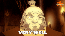 a cartoon of a man with the words " very well " on the bottom