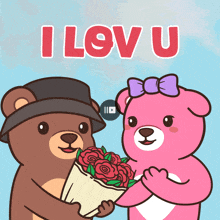 a cartoon of a teddy bear giving a bouquet of roses to a pink teddy bear