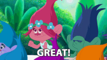 three trolls are standing next to each other and one of them says " great "