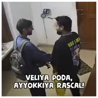 two men are standing next to each other with the words veliya poda ayyokkiya rascal on the bottom