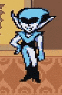 a pixel art of a person standing in a room with a sword .