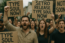 a group of protesters holding signs that say type soul now