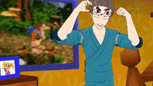 a cartoon of a man wearing a mask and a blue shirt