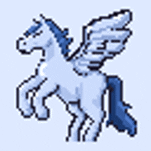 a pixel art illustration of a white pegasus with blue wings and a blue tail .