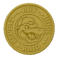 a gold coin that says buy repeat and raid on it