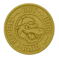 a gold coin that says buy repeat and raid on it