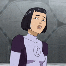 a woman in a purple and white superhero costume has the number 2 on her chest