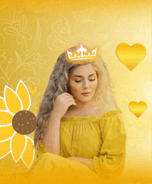 a woman in a yellow dress has a crown on her head with arabic writing surrounding her