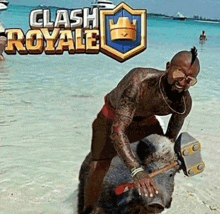 a man is riding a pig on a beach with clash royale written in the background