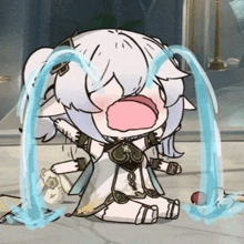 a cartoon character is crying with water coming out of her mouth .