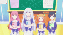 a group of anime girls are standing in front of a chalkboard with a flower drawn on it