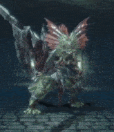 a video game character with a mohawk and a sword is fighting another monster .