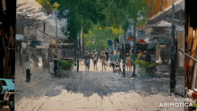 a painting of people walking down a street with the words made in animatica on the bottom