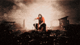 a man with a beard is sitting in the middle of a destroyed city with the words pspkedits on the bottom