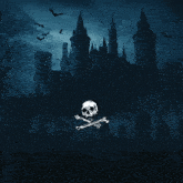 a graveyard rockstar logo with a skull and crossbones in front of a castle