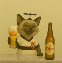 a cat holding a glass of beer and a bottle of kaiser beer