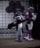 a purple and white robot is holding a guitar in a room