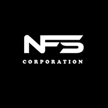 a white logo on a black background for nfs corporation .