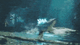 a painting of a crocodile swimming in a river