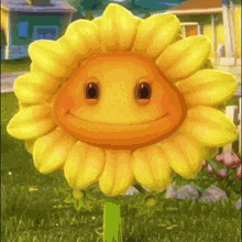 a cartoon sunflower with a smiling face is standing in the grass