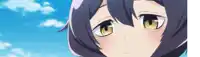 a close up of a girl 's face with blue hair and yellow eyes