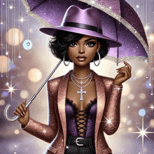 a woman holding a purple umbrella with a cross necklace