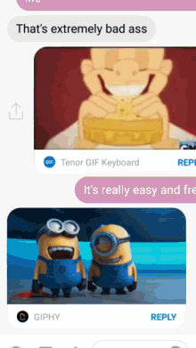 a screenshot of a tenor gif keyboard with two minions on it