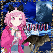 a picture of a girl with a notebook and a wolf with the word auuu written on it